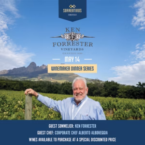 Sorrentino's Downtown Winemaker Series: Ken Forrester | May 14, 2026 | Reception: 6:00 PM - Dinner 6:30 PM